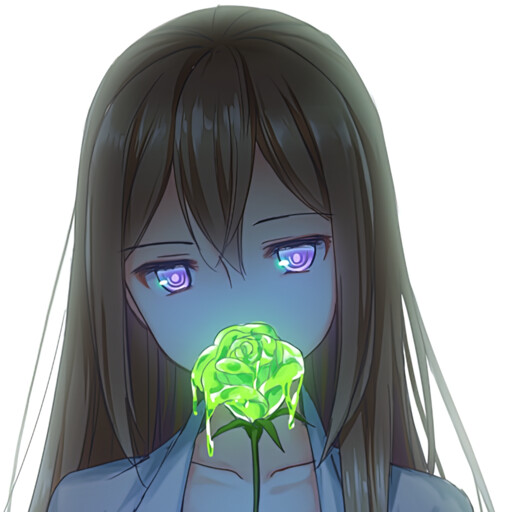 In light mode, my profile picture: Kurisu Makise holding a toxic green jellylike rose. In dark mode only the rose is shown.